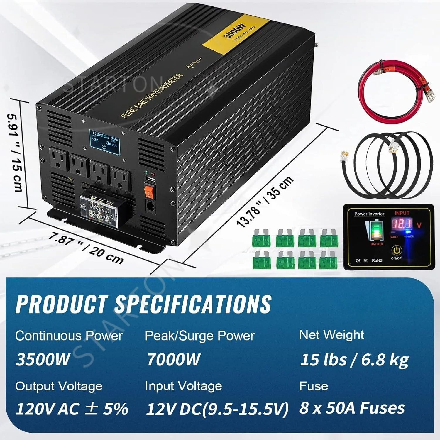 Pure Sine Wave Inverter 3500 Watt Power Inverter, DC 12V to AC 120V Car Inverter, with USB Port Remote Control