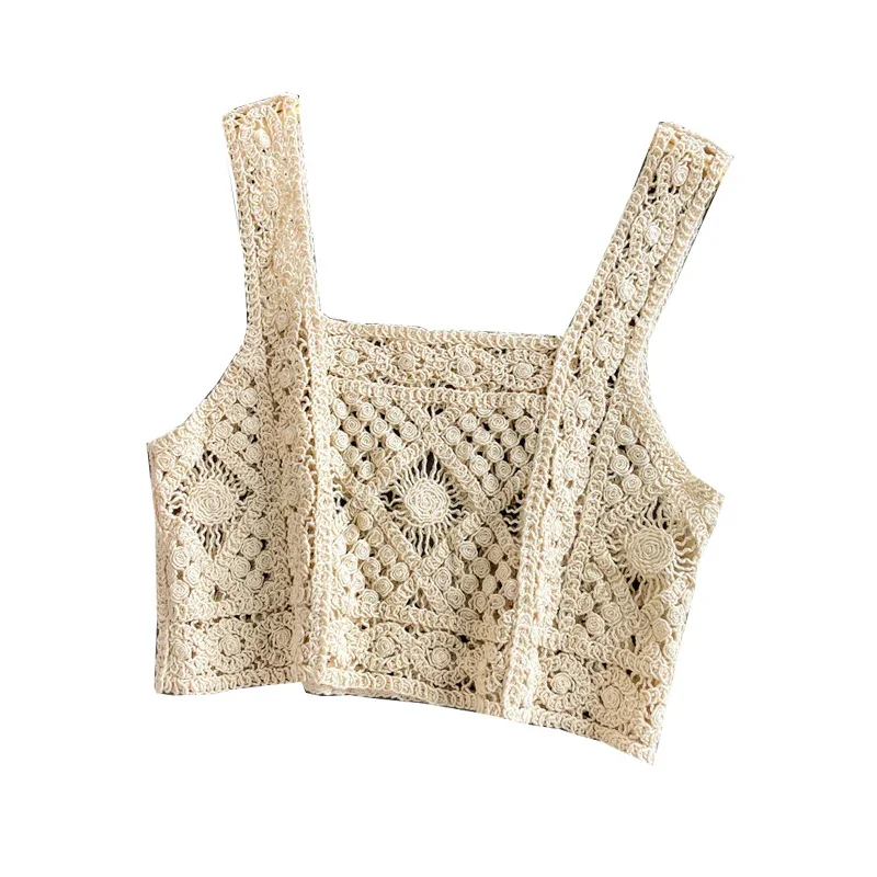 Women Vintage Crochet Camisole Bohemian Hollow Out Geometry Floral Knitted Vest Slim Sleeveless Crop Top Beachwear