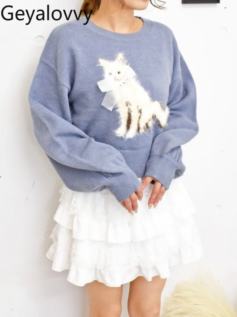 

Japanese Style Cute Cat Pattern 3D Bow Long Sleeve Knitted Sweater Autumn New Sweet Versatile Round Neck Short Pullover