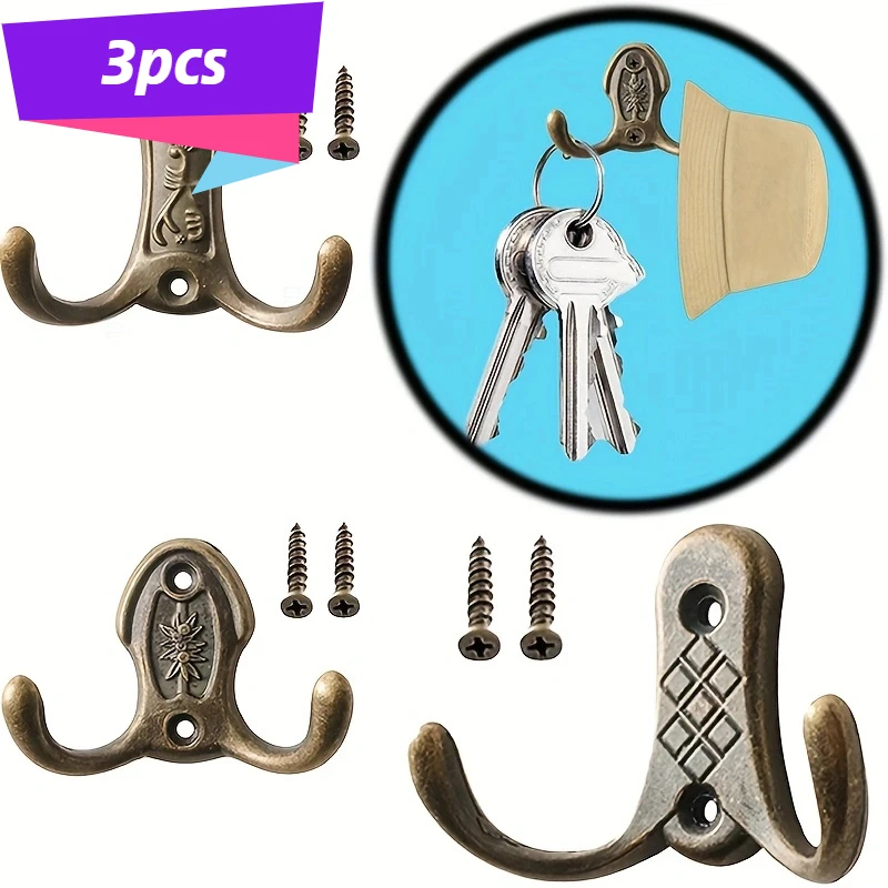 3pcsRetro Heavy Duty Key Hanger Vintage Wall Hooks for Wood Alloy Bathroom Double Hooks for Hanging Wall Decorative Coat Hanger