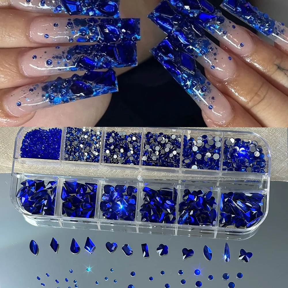 Strass 3D en verre saphir bleu pour Nail Art, 12 grilles, formes mixtes, dos plat, diamant, décorations pour ongles, pierres précieuses scintillantes pour manucure