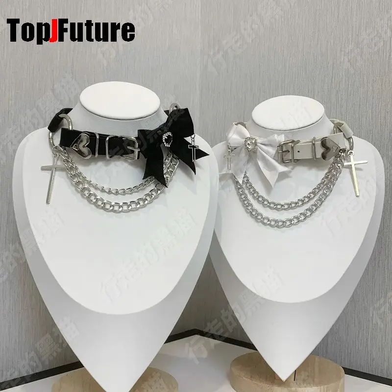 Women Men Harajuku Gothic Lolita Cosplay Punk layer necklace Y2K Girl Colla bow cross chain leather button choker spider chokers