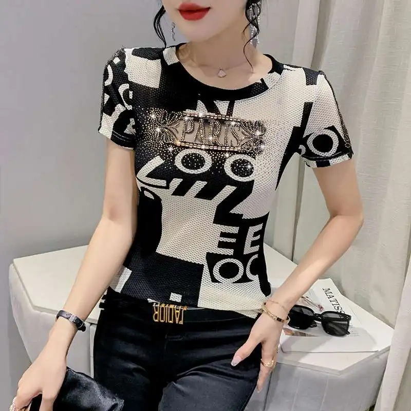 

Autumn Sexy ort Sve T-irt Women's Western Sle round Ne Print Hollow out Diamond Embellied Commute Faion