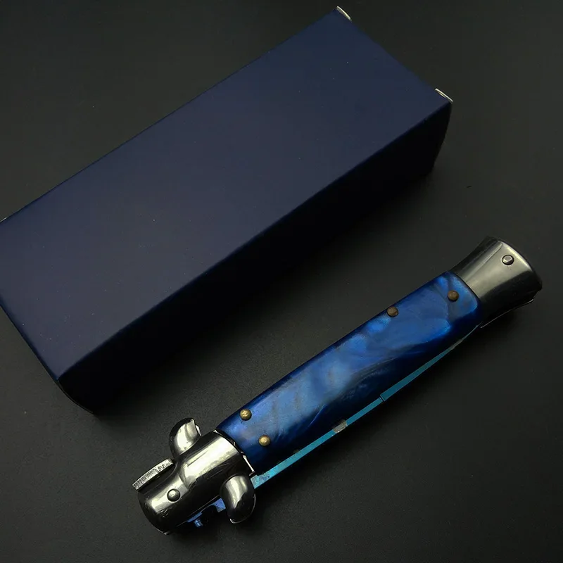 CHRISTMAS Gift Folding Knife Pocket Knife Hunting knife for Traveling Elegant Blue Titanium Resin Handle Godfather Stiletto tool