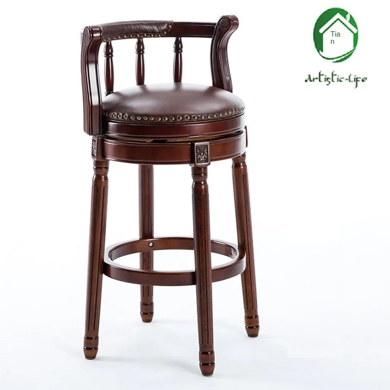 ArtisticLife American Solid Wood Bar Stools European-style Backrest High Stools Light Luxury Retro Leather Revolving Bar Chairs