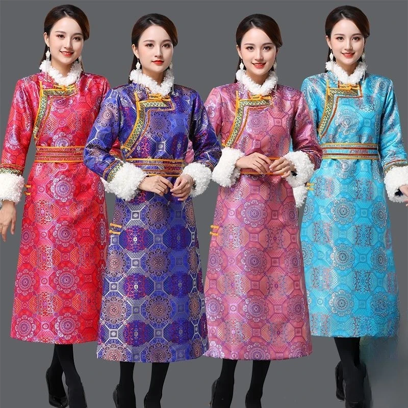 Autumn and Winter Mongolian Clothing Women's Cotton-Padded Clothes Coat Long Wool Traditional Robe Daily Casual