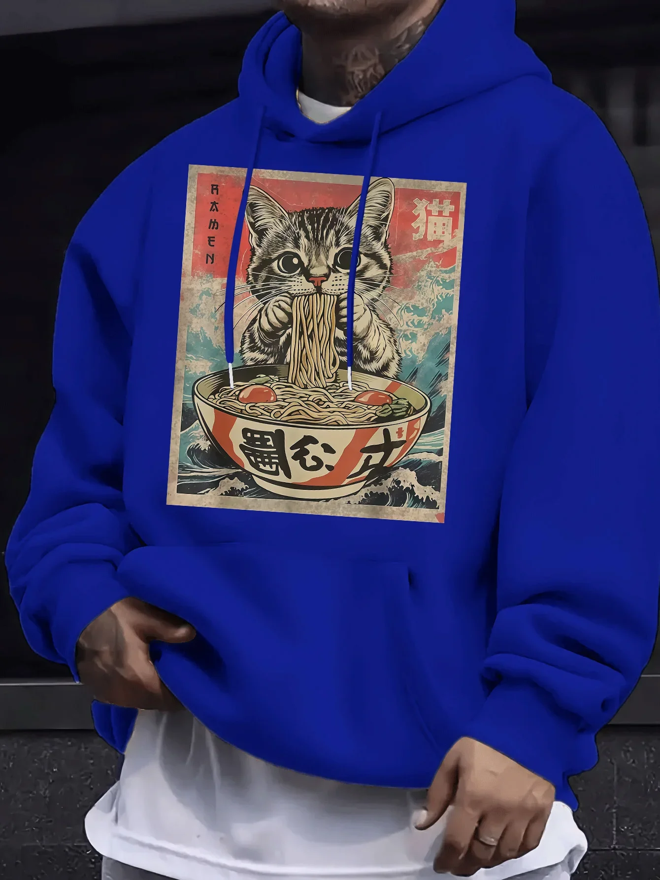 Men Cat Ramen Hoodie Japanese Ukiyo E Noodle Cat Vintage Graphic Print Loose Fit Streetwear Pullover Sweatshirt Autumn Winter