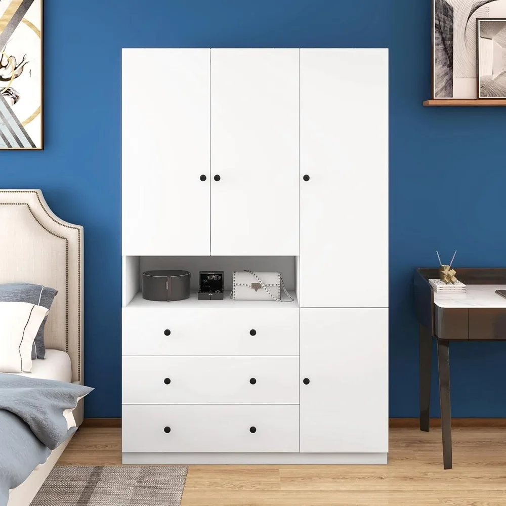 3-Door Armoire Wardrobe Closet Storage, Wood 3 Drawers White Closet Cabinet for Large Capacity with Hanging Rod and Metal