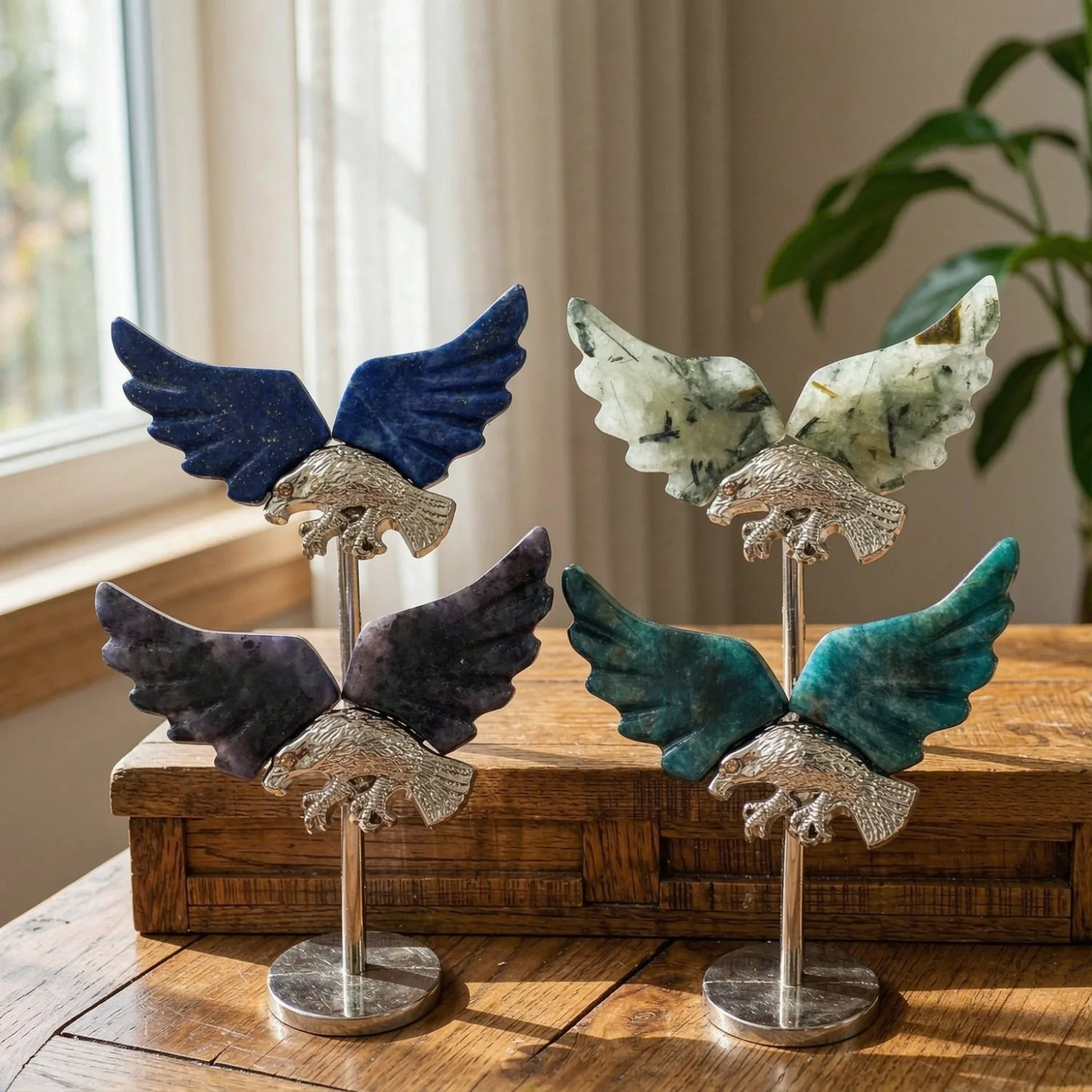 Natural Lapis Lazuli Prehnite Iolite Blue Apatite Hand Carved Eagle Wings Decor Figurine with Stand