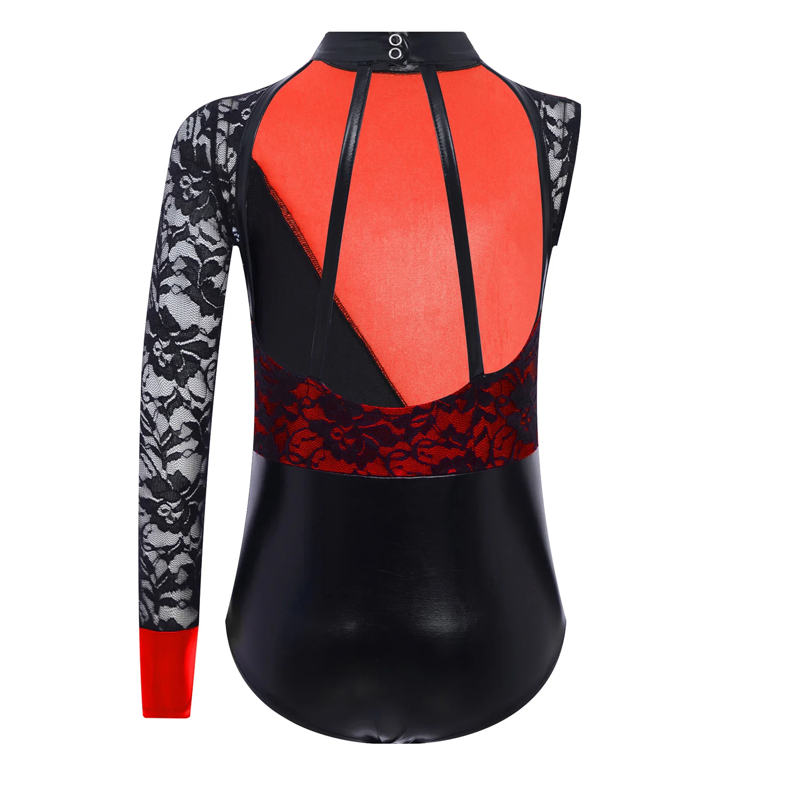 Children Girls Cutout Back Asymmetrical Lace Color Block Leotard Bodysuit for Ballet Dance Figure Skating Gymnastics Performance