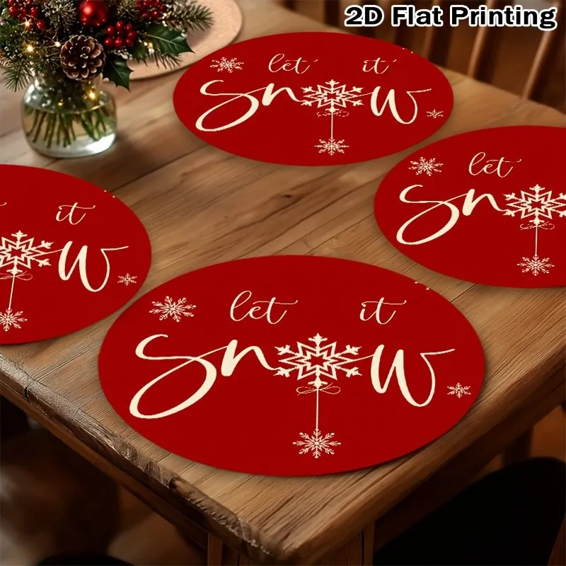 VIKAMA Linen Round Placemat Set, Red Let It Snow Script, Washable Stain Resistant Easy Clean, Christmas Kitchen Table