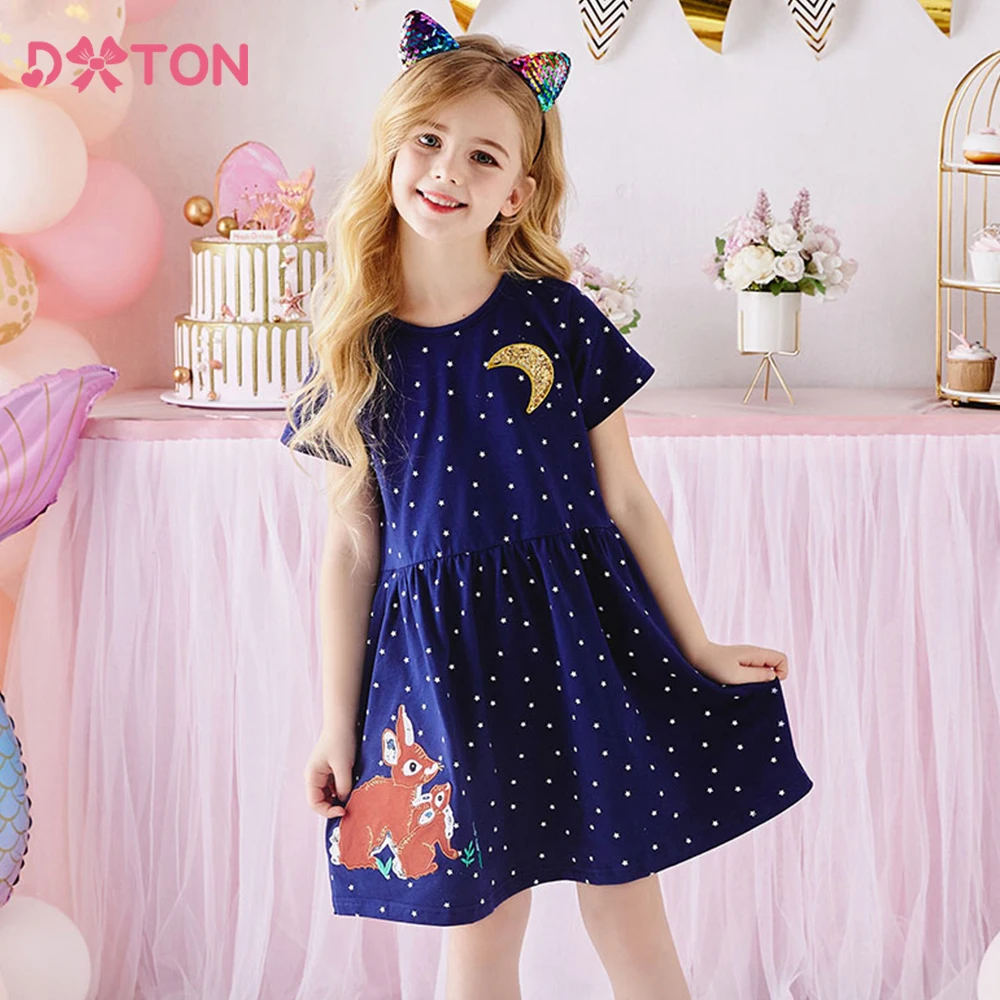 DXTON Short Sleeve Kids Dresses For Girls Squirrel Printed Toddlers Cotton Dress Moon Sequin Dot Casual Children Summer Dresses