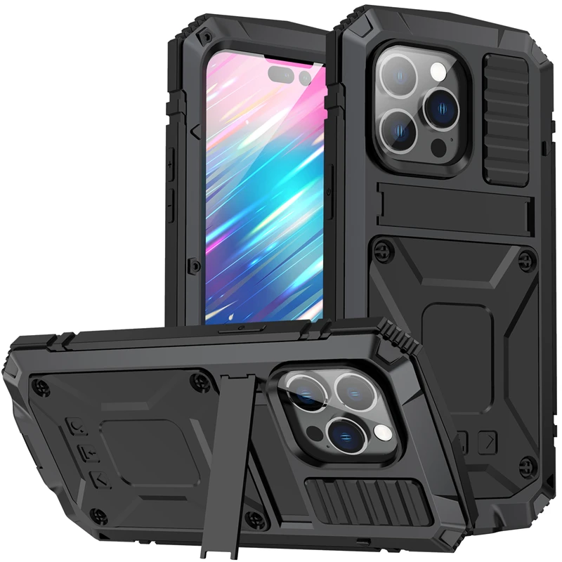 

Прочный противоударный защитный чехол для iPhone 14 13 12 Pro Max Mini 11 Pro Max с подставкой, Алюминиевый металлический чехол