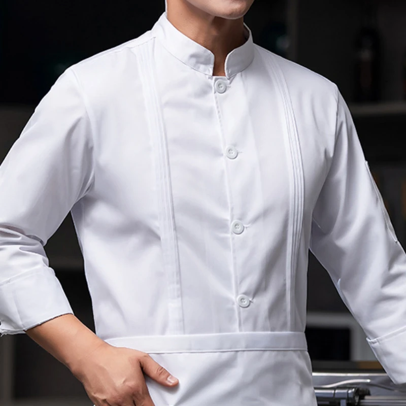 Long Sleeve Chef Jacket Pleated Design Kitchen Cook Coat Bakery Restaurant Waiter Uniform