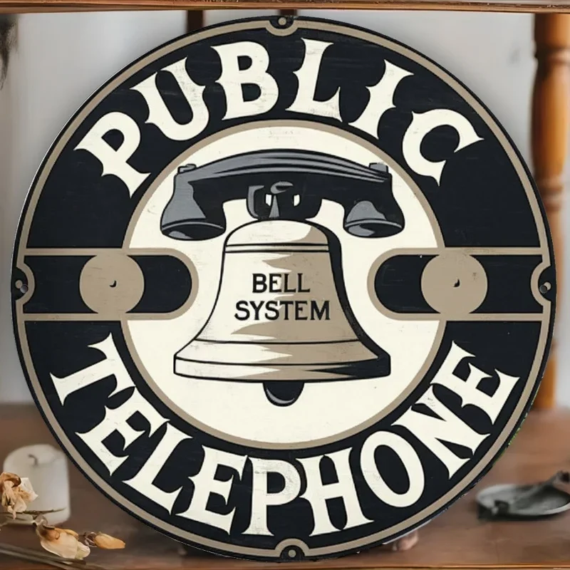 2D Printed Wooden Signboards - Retro Public Telephone Sign with Bell System, Vintage Wood Art Wall Decor, Multi-Purpose