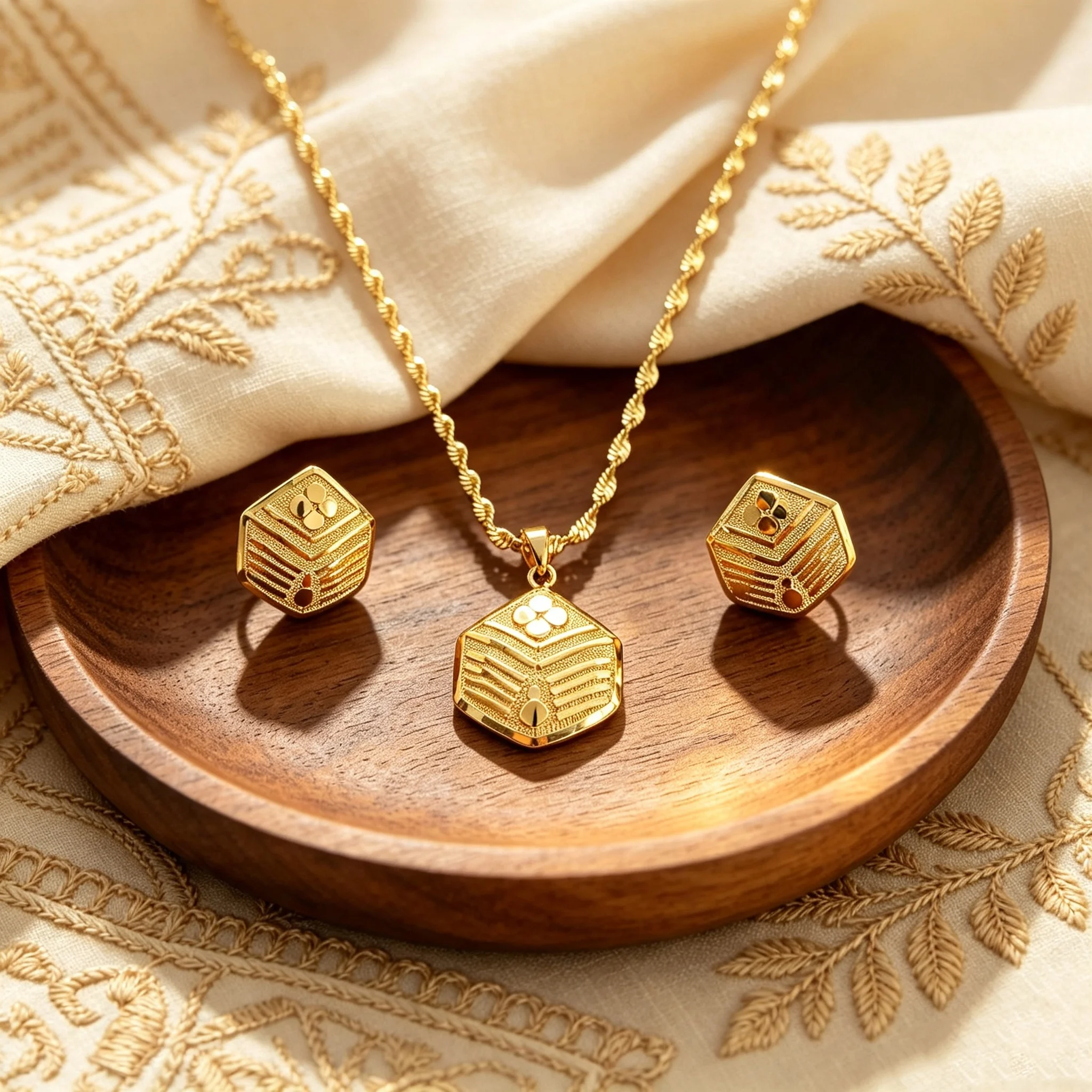 Hexagon Engraved Gold Plated Jewelry Set Vintage Carved Pendant Necklace Earrings Set Fashion Women Wedding Party Jewelry Gift