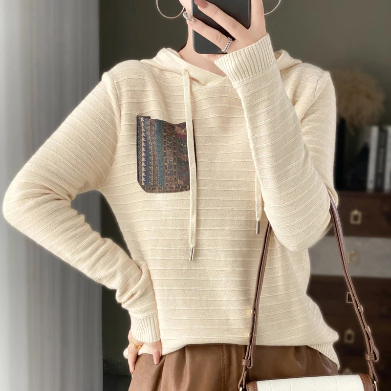 

Women Casual Knitting Shirt Vintage Print Pockets Long Sleeve Slim Striped Knitted Blouses Female Spring Fall Versatile Pulls