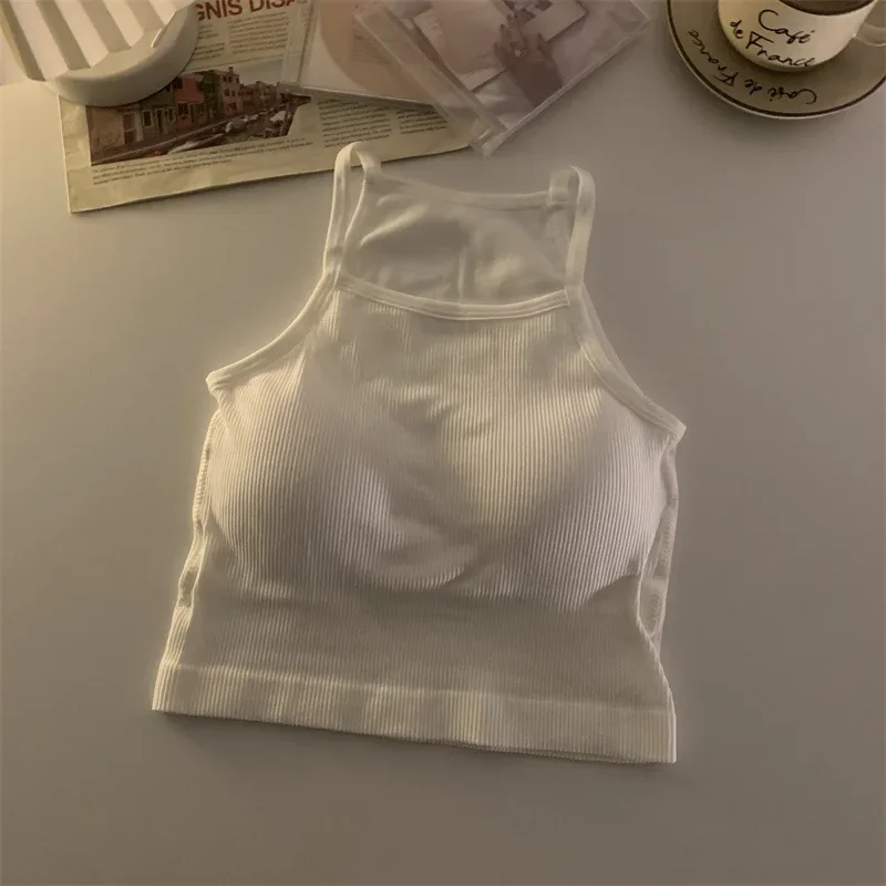 Koreanische Version Frauen Tank Tops Gewinde Feste Beiläufige Mode Crop Top mit Brust Pad Streifen Ärmellose Oberbekleidung Grundlegende Leibchen