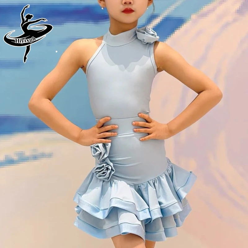 

Child Latin Dance Dress for Girls Blue Sleeveless Floral Top Short Skirt Set Samba Rumba Training Cha Cha Performance Costumes