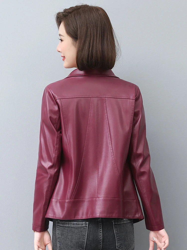 New Women Leather Jacket Autumn Winter Casual Fashion Stand Collar Plus Cotton Lining Slim Short Sheepskin Coat Spring Outerwear