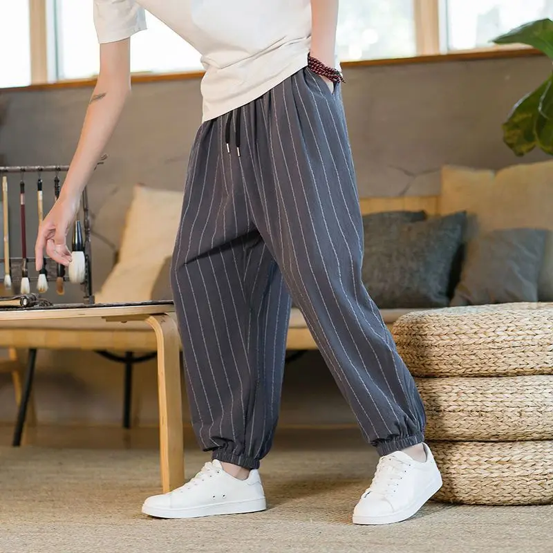 2024 Men Casual Harem Pants Fashion Loose Cotton Linen Wide Leg Pants Men Plus Size Elastic Waist Pantalones Trousers A003