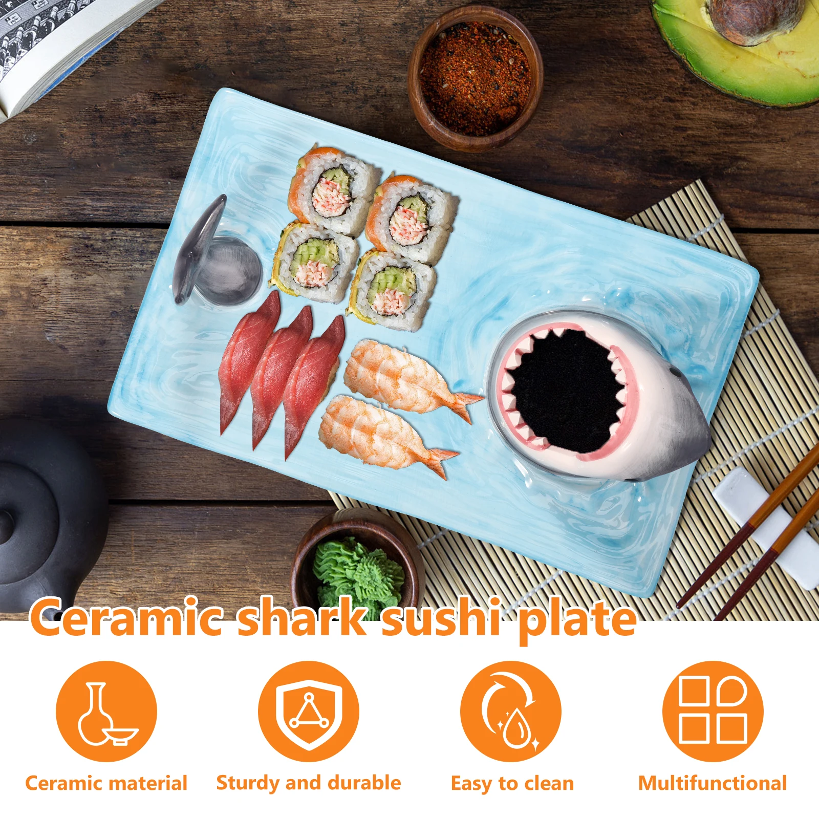 Sushi Serving Plate Ceramic Sushi Plate Shark Shape Porcelain Sushi Platter Porcelain Food Serving Trays with Soy Sauce Holder