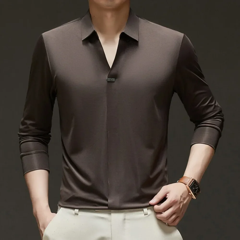 High Quality Traceless Process Men's Seamless Scissor Collar Shirt Without Pilling or Fading  Versatile  Shirts