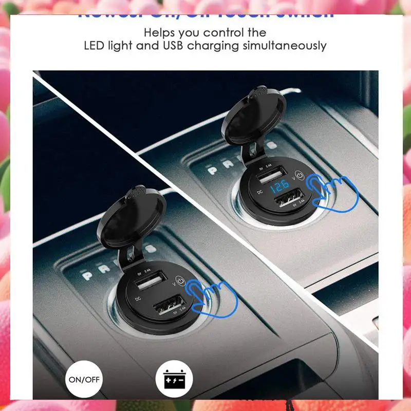 2X 12V USB Outlet, Waterproof 12V/24V 24W 4.8A Dual USB Charger Socket Power Outlet Adapter With LED Voltmeter Switch-ABJU