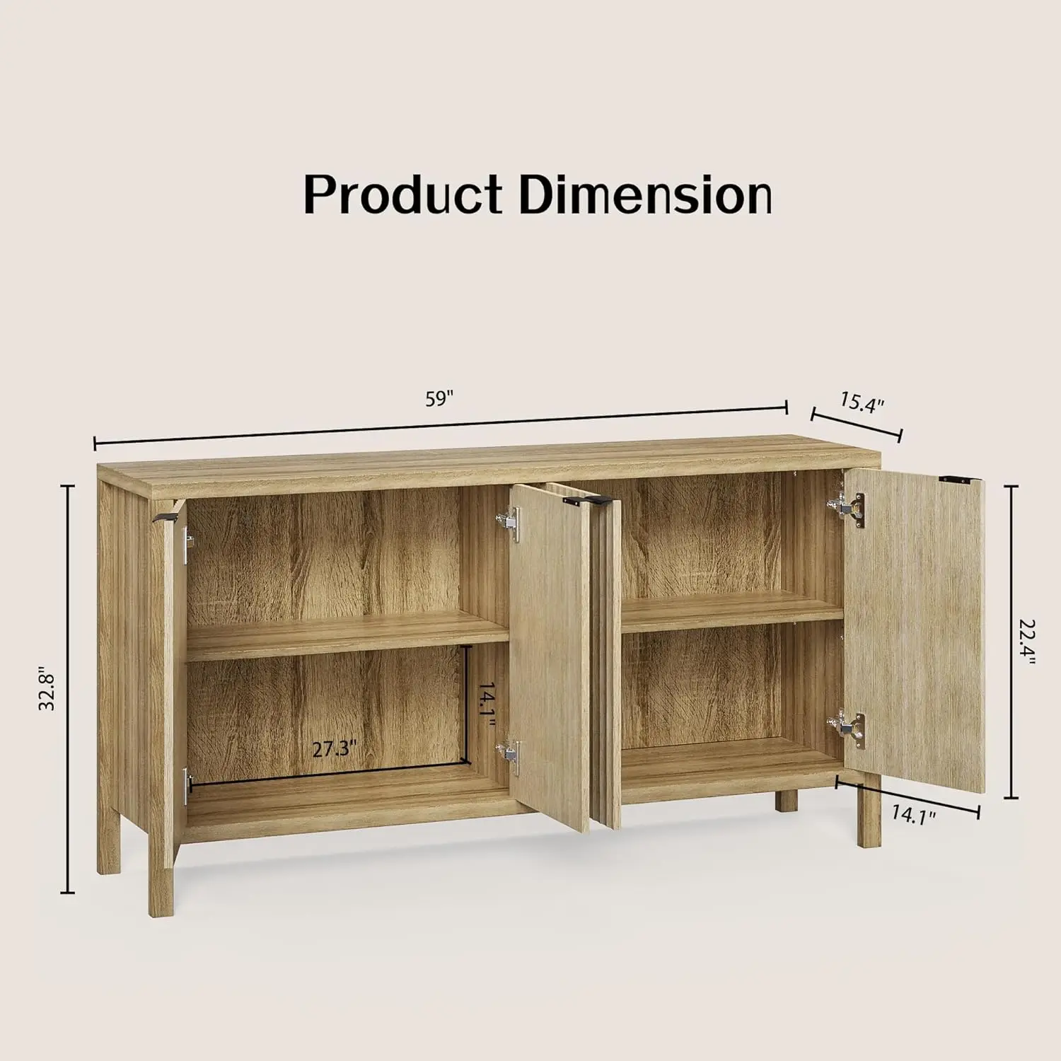 Fluted Buffet Cabinet with Storage, 4 Door Modern Sideboard Credenza with Adjustable Shelves, Accent Cabinet for Living Room Din