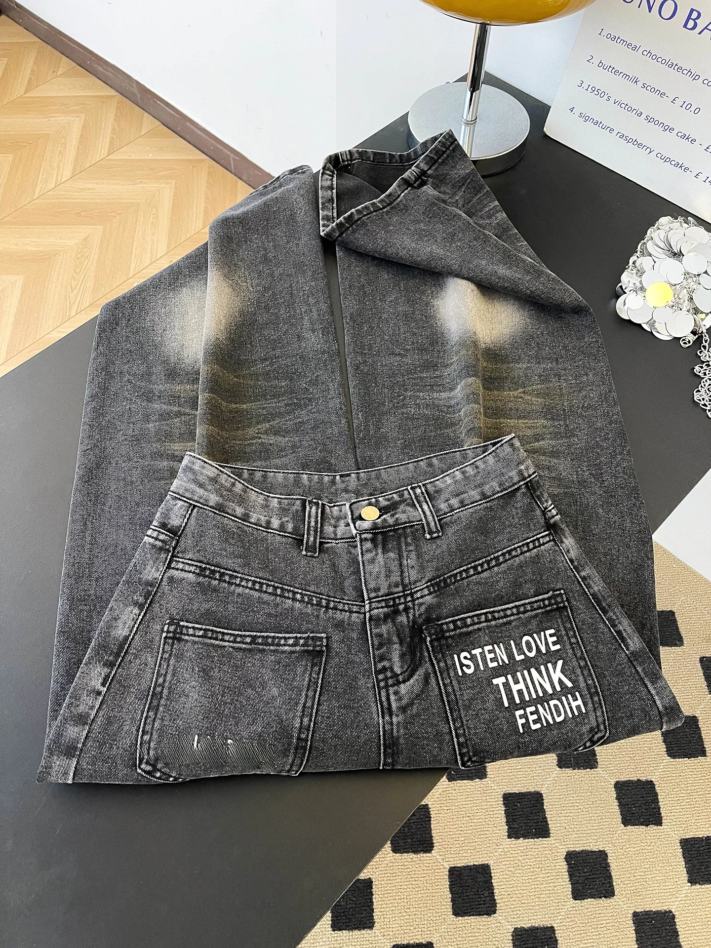 

Waed Bla ey Wide Leg Denim Jeans Women's Spring New Sle Faded ket Print Dra Floor-Length Pants Commute Sle