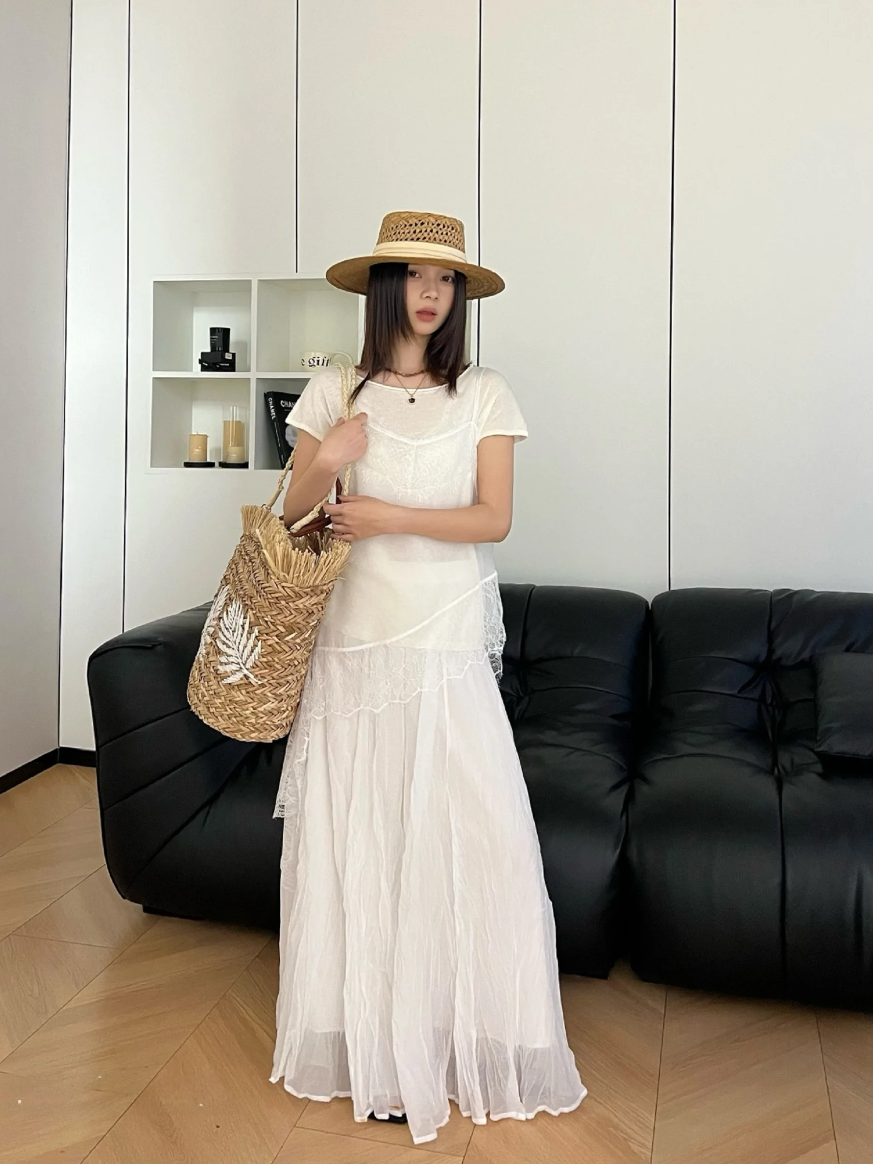 

Lace Trim Halter Neck Short Sleeve Knitted T-Shirt Two Piece Set Women Summer Korean Style Layered Top Bottoms Ensemble