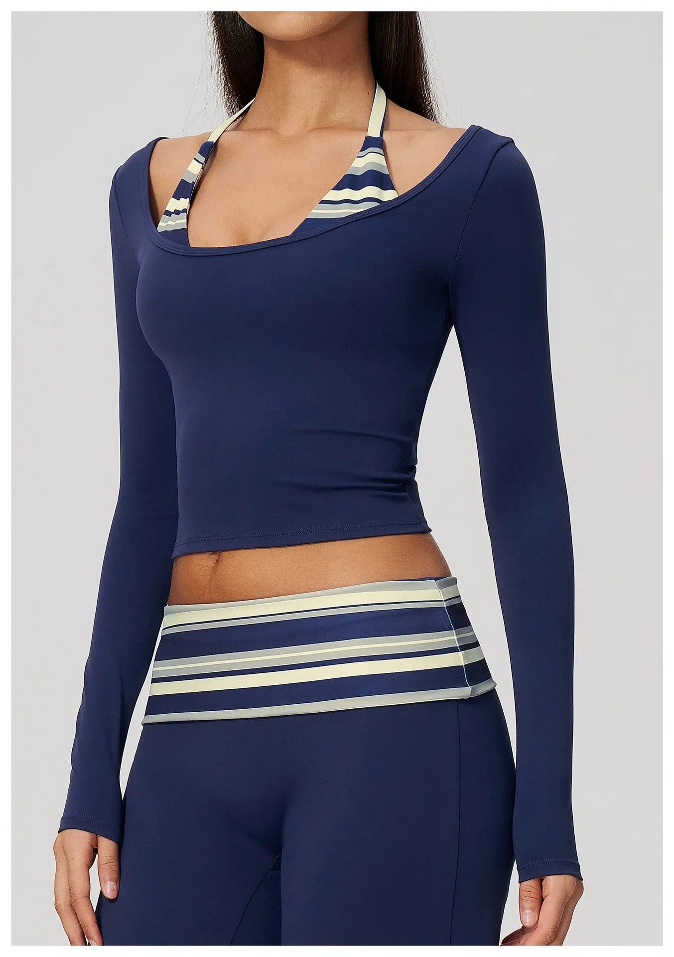 Yoga Langarm-Fitness-Top, Gym-Workout, Damen-Top mit Neckholder, Streifenmuster, kurzes, aktives Shirt, atmungsaktiv, für Sport und Training – Detail 8