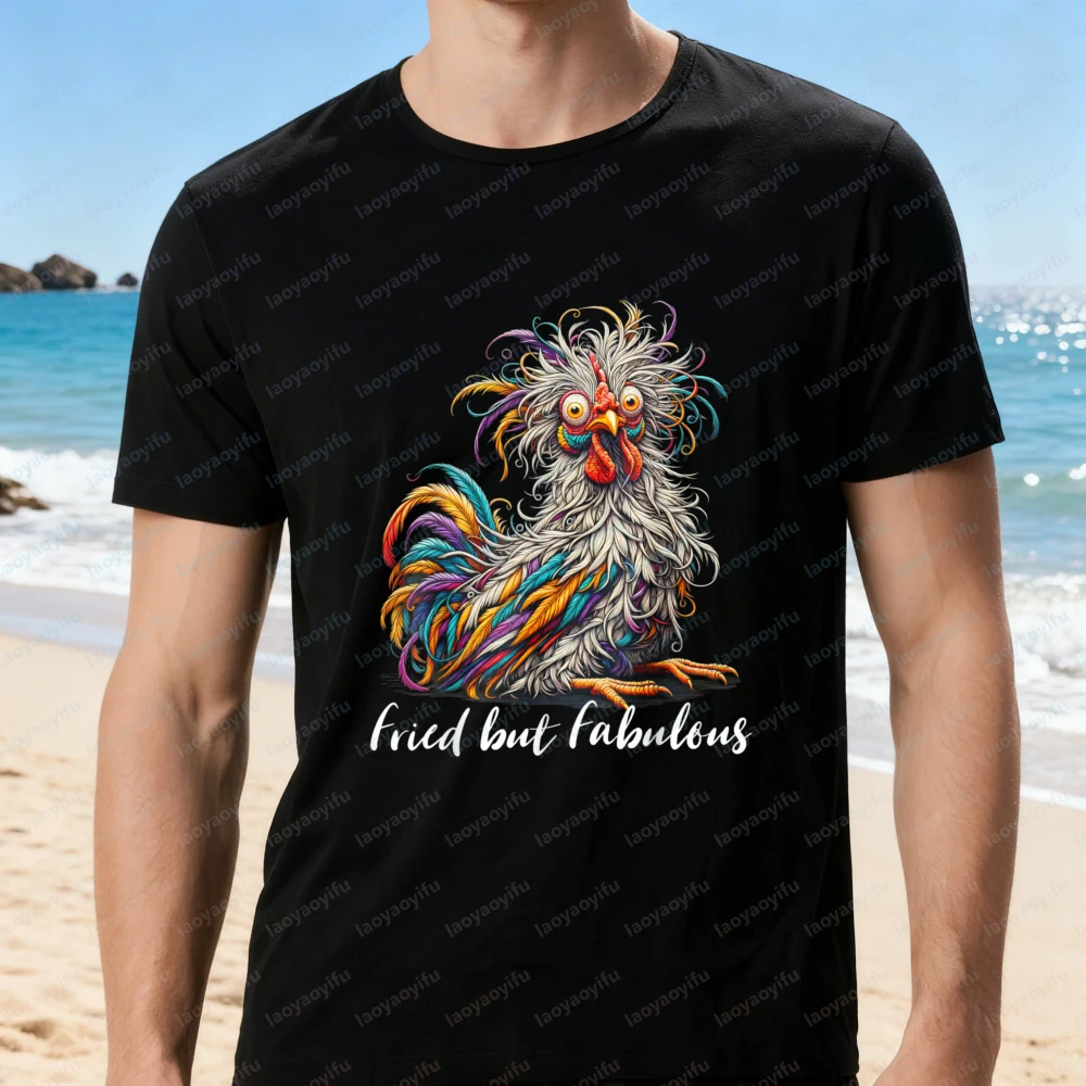 Funny Chicken T-Shirt Fried But Fabulous Rooster Print Tops Farm Fan Tee Summer Vintage Fashion Streetwear Casual Men Clothing