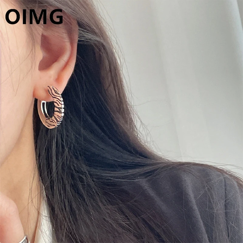 OIMG Silver - Plated Vintage Zebra Tiger Pattern Round Disc Thai Silver Color Hoop Earring Jewelry For Women Party Jewelry