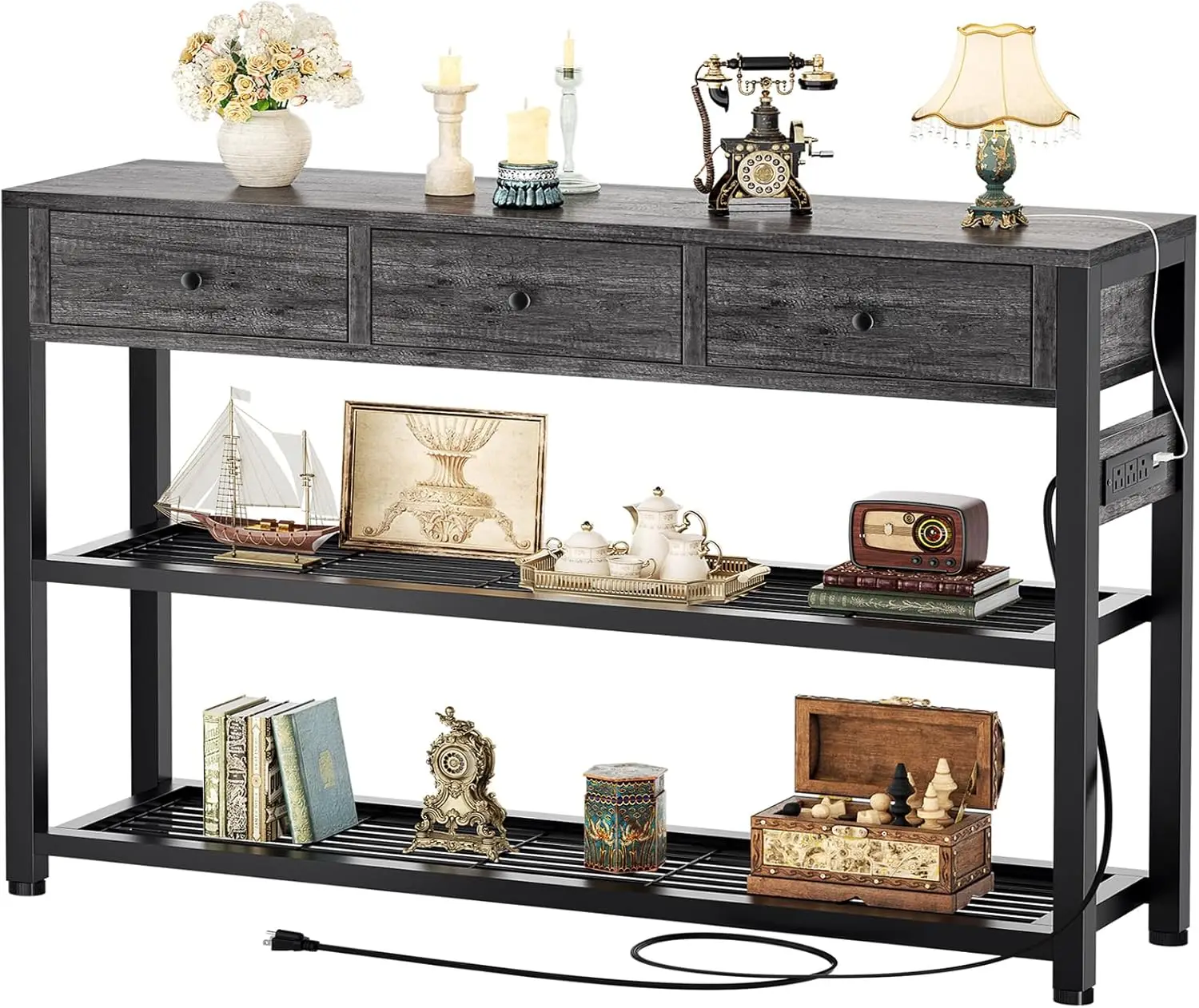 

47'' Entryway Table with Outlets and USB Ports, Console Table with 3 Drawers, Sofa Table Narrow Long with Storage Shelves for