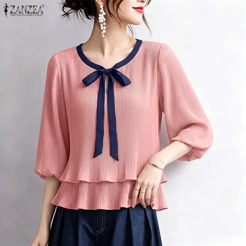 ZANZEA Stylish Lace-Up Holiday Blouse Summer Women Tops Casual O Neck 3/4 Sleeve Pleated Blusas Mujer Female OL Work Shirt Tunic