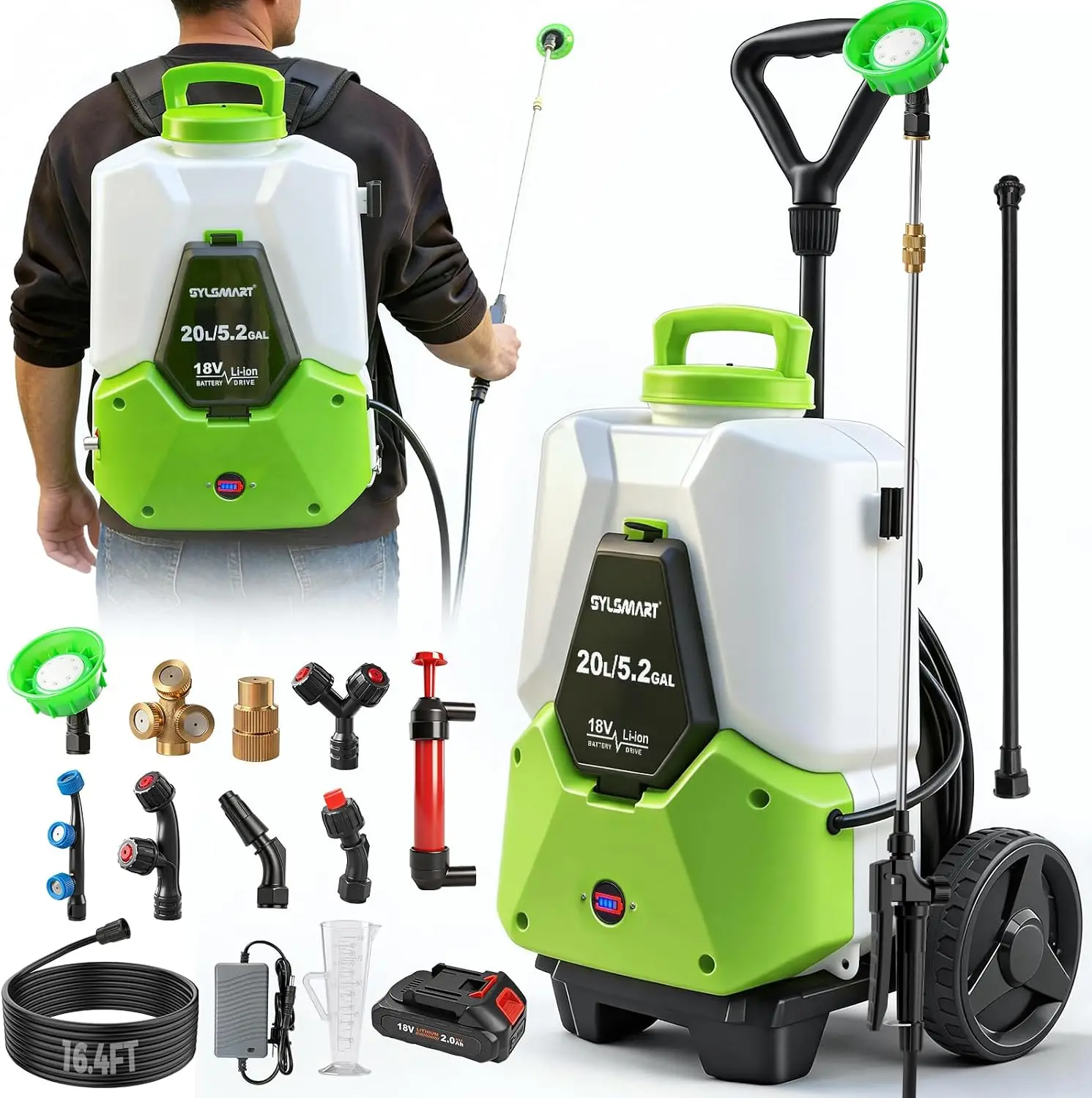 Battery Powered Backpack Sprayer Wheeled Cart 52 Gallon 0120 PSI Adjustable Pressure 164FT Hose 8 Nozzles 18V Battery Compatible