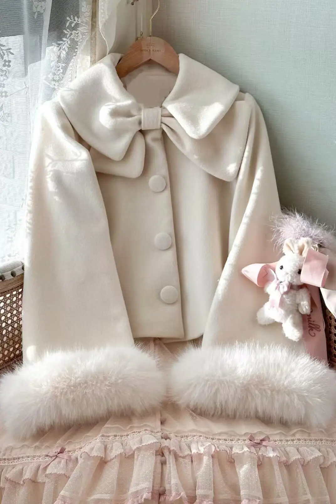 خريف شتاء جديد خمر قصيرة حلوة لطيف معطف الصوف Bowknot اليابانية الأصلية لوليتا فضفاضة سميكة سترة للنساء #6