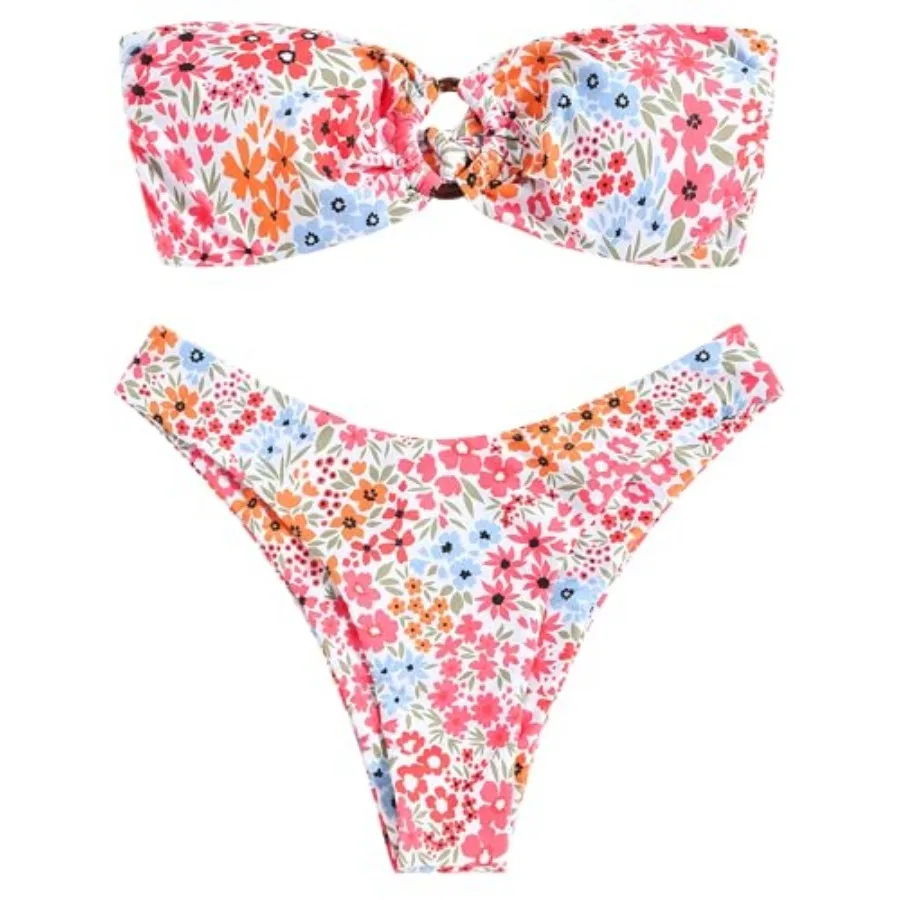 

ZAFUL Women's Bandeau Bikini O Ring Strapless Tie Back High Cut Two Pcs Swimsuit Bathing Suits