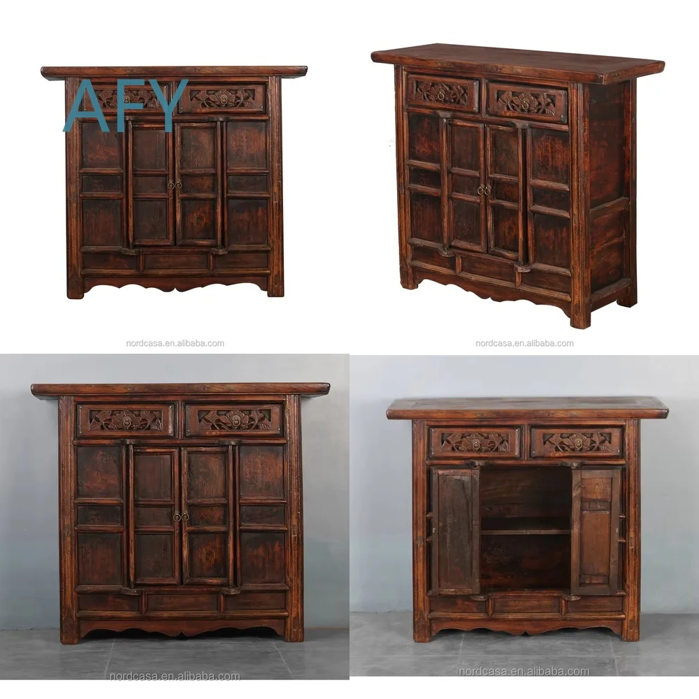 Vintage Chinese Oriental Dining Cabinet for Farmhouse Rustic Traditional Furniture Storage Unit with Antique Finish Wooden