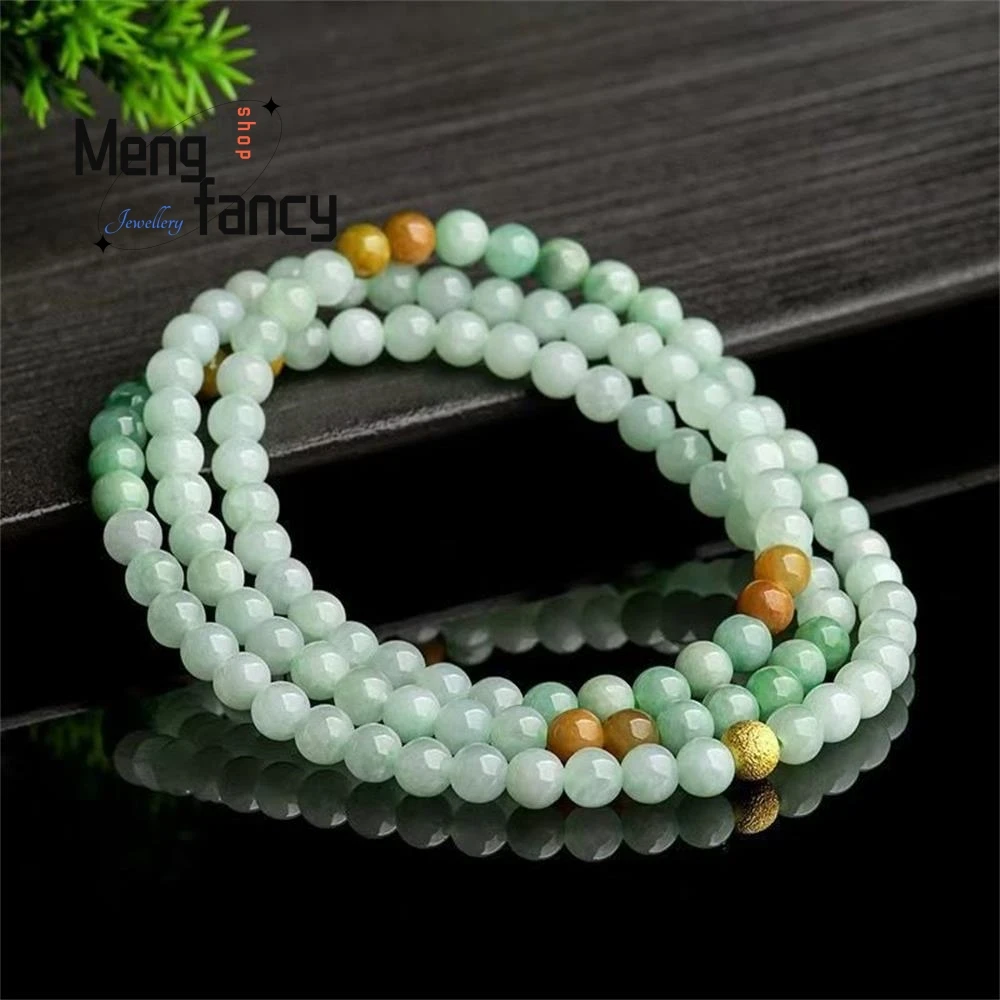 Natural Myanmar A-goods Jadeite 6mm Jade Bead Necklace Glutinous Ice Seed Jade String Sweater Chain Women's Three-ring Bracelet
