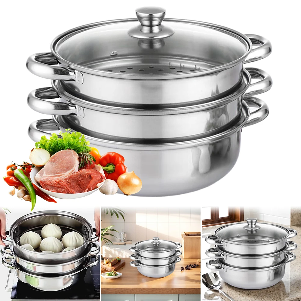 3 Tier Steamer Pot for Cooking with Lid Stainless Steel Steamer Cooker Multipurpose Food Steamer for Vegetables Seafood Soup