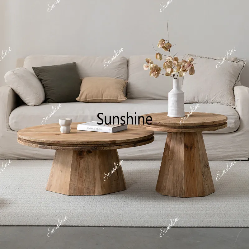 

Retro round solid wood combination coffee table wabi-sabi wind, large and small round table living room