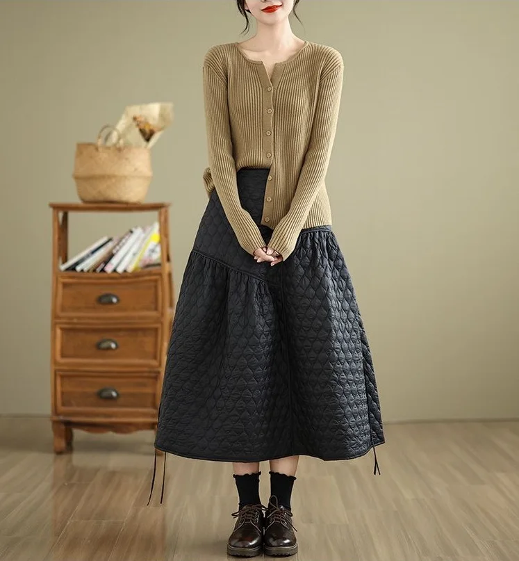 New Autumn Winter Lingge Cotton Clip Skirt Women's Half Skirt Good-looking Windproof Warm A-line Long Skirt Versatile