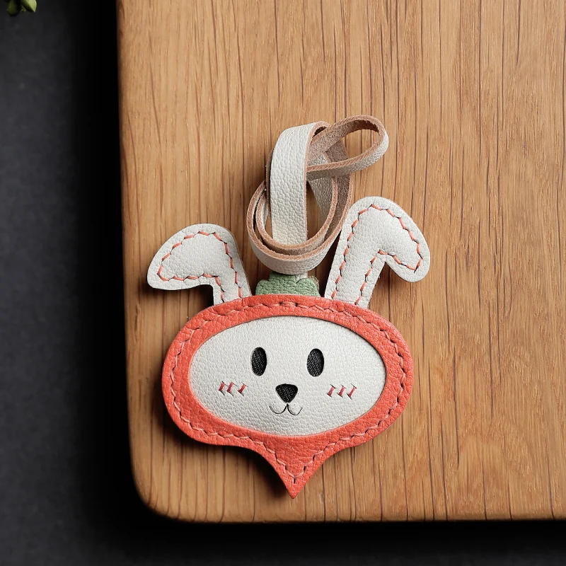 

Handmade leather Bag charm Little radish rabbit bag pendant leather car keychain pendant doll small decoration Birthday gift