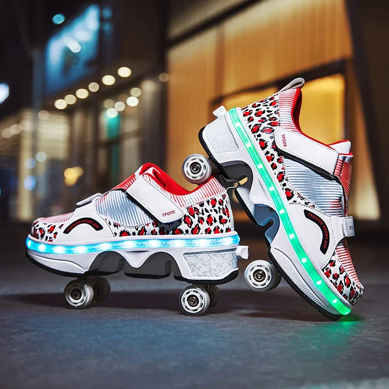 Deformation Shoes Double Row Double-Wheel Casual Roller Shoes Automatic Four-Wheel Dual-Purpose Roller Skates Skateboard Shoes