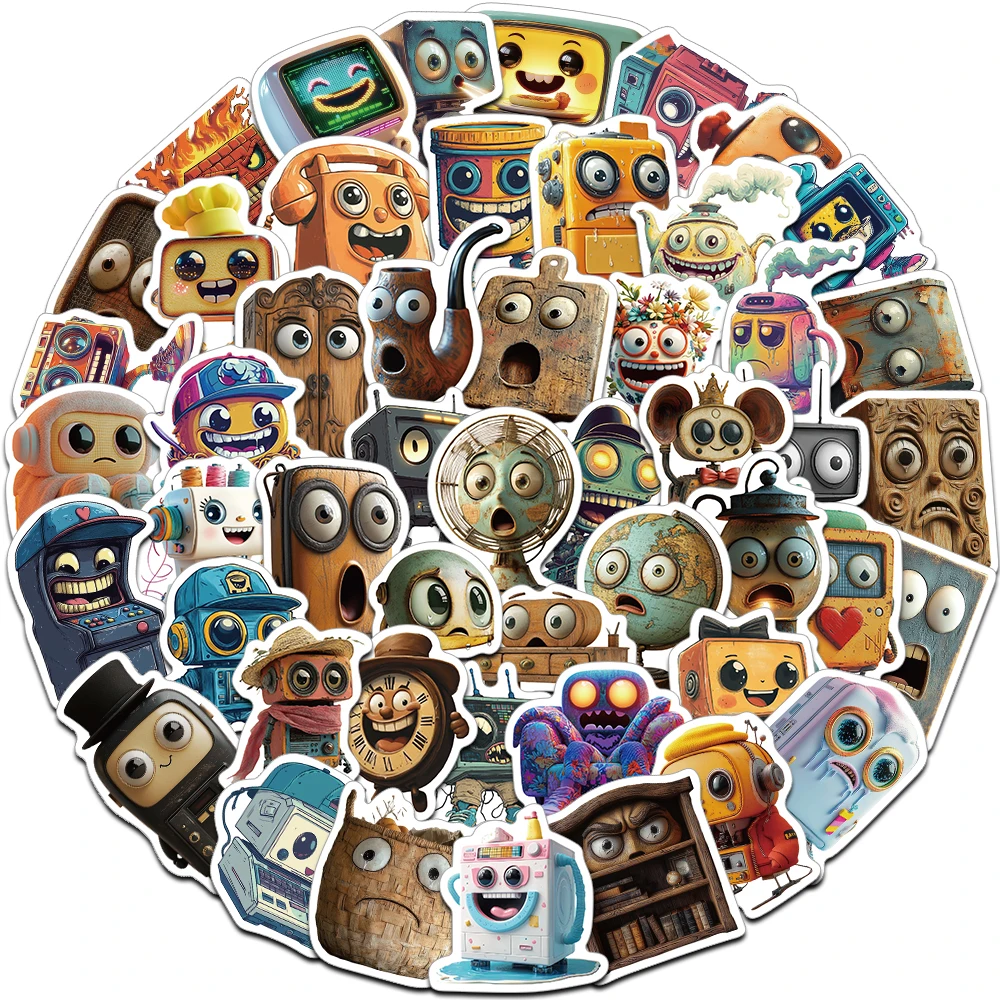 

50PCS Fun Cartoon Big Eyes Personification Wind Small Tool Stickers Waterproof PVC Funny Electric Fan Clock Teapot Phone DIY