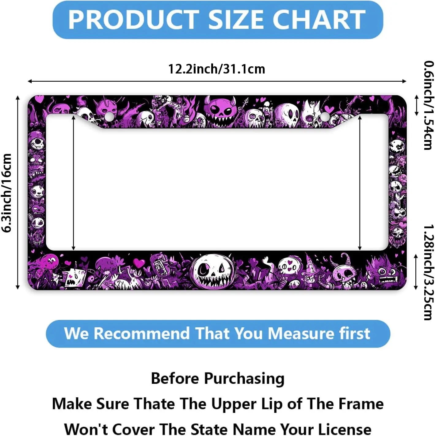 2PCS Cartoon Demon License Plate Frame Purple Horror Monster Doodle Kawaii Car Front License Plate Personalise Stainless