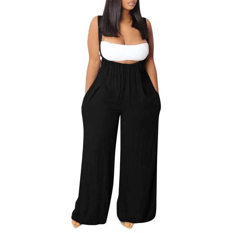 Plus Size 1XL-5XL Women Casual Solid color Sleeveless Drawstring Wide Leg Suspender High Waist Pocket Design Jumpsuit Romper image 3