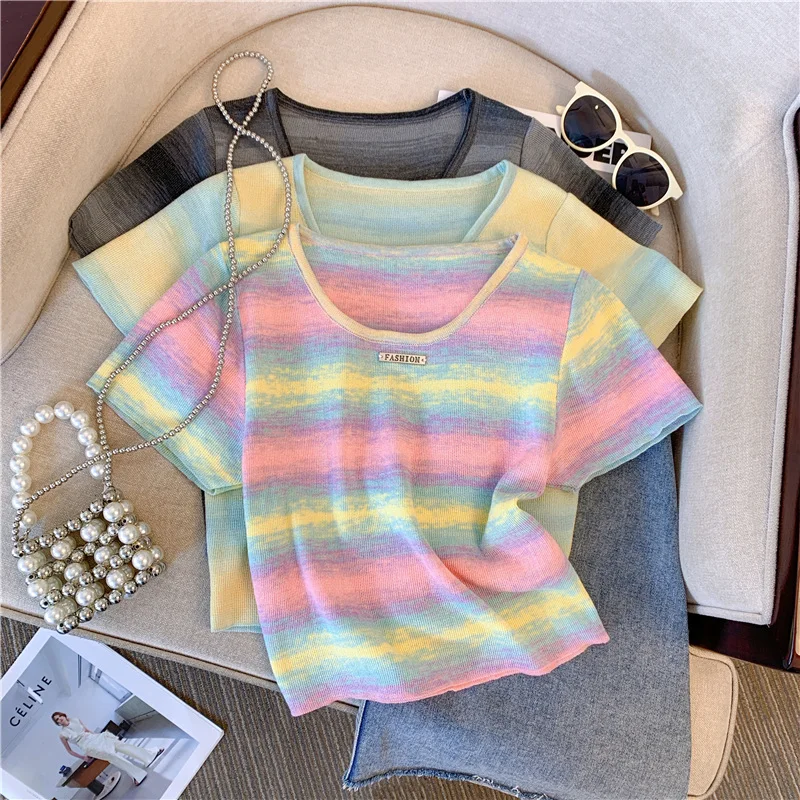 Contrast Striped T-shirt For Women\'s Summer Knitted Short Sleeved Tee  Cool Girls Fashion High Street Square Collar Short Top